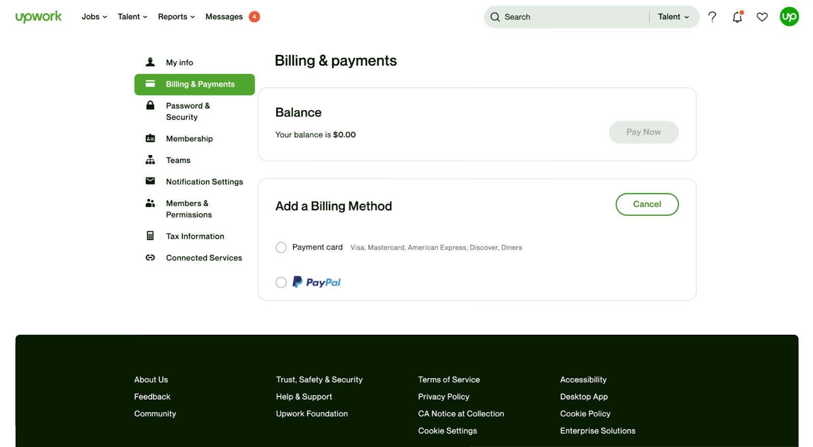 Billing and Payments tab
