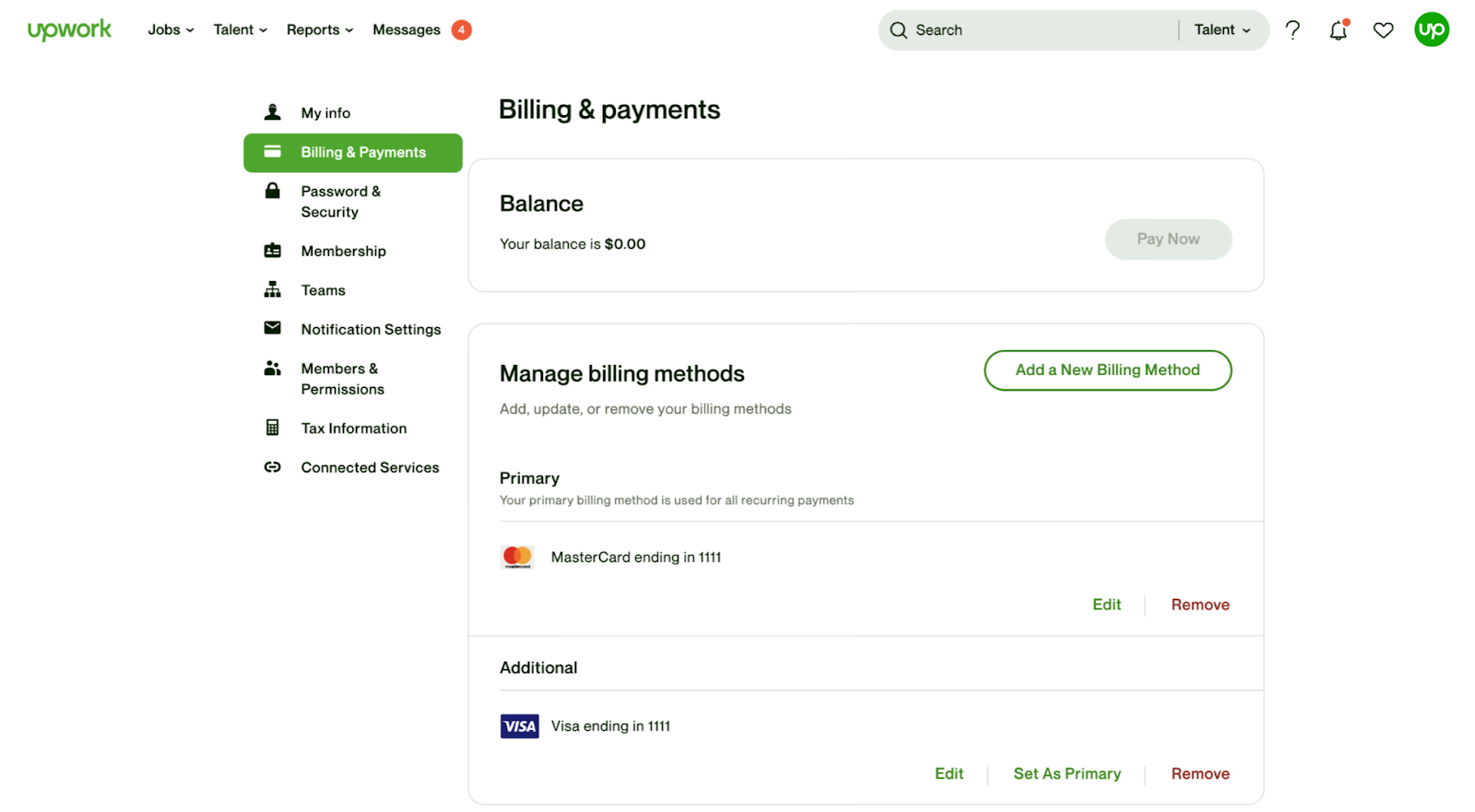 Billing and payments tab