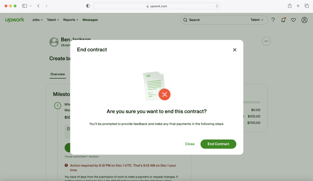 End contract confirmation pop-up