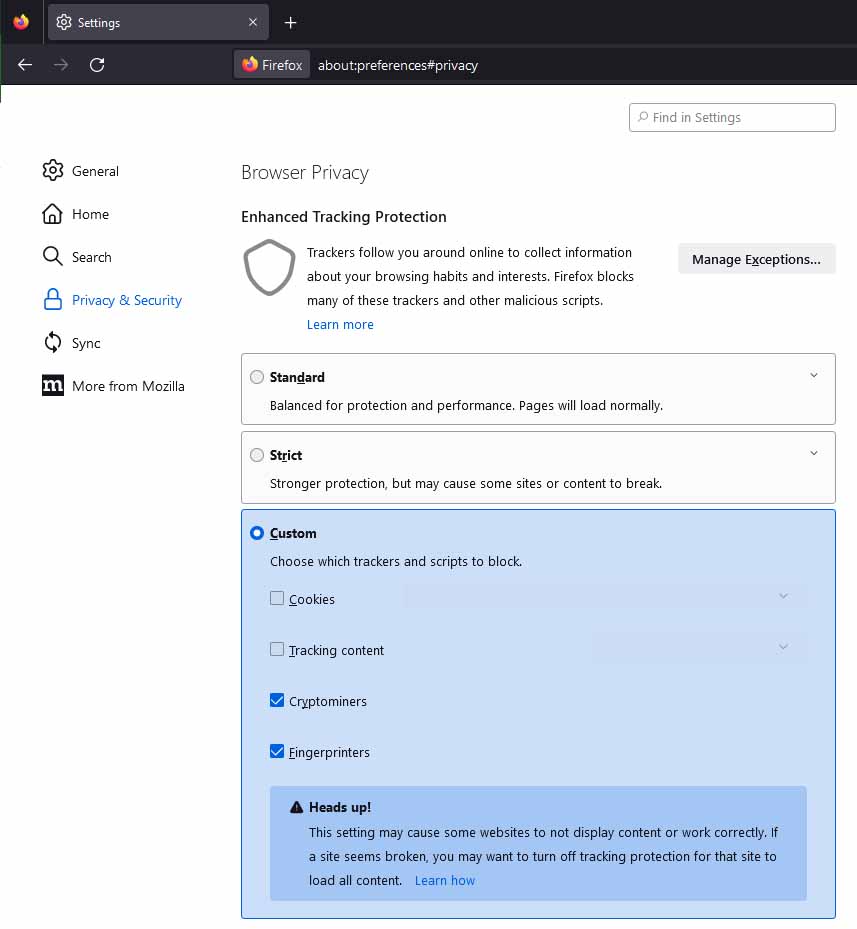 Allow cookies and tracking content in Mozilla Firefox