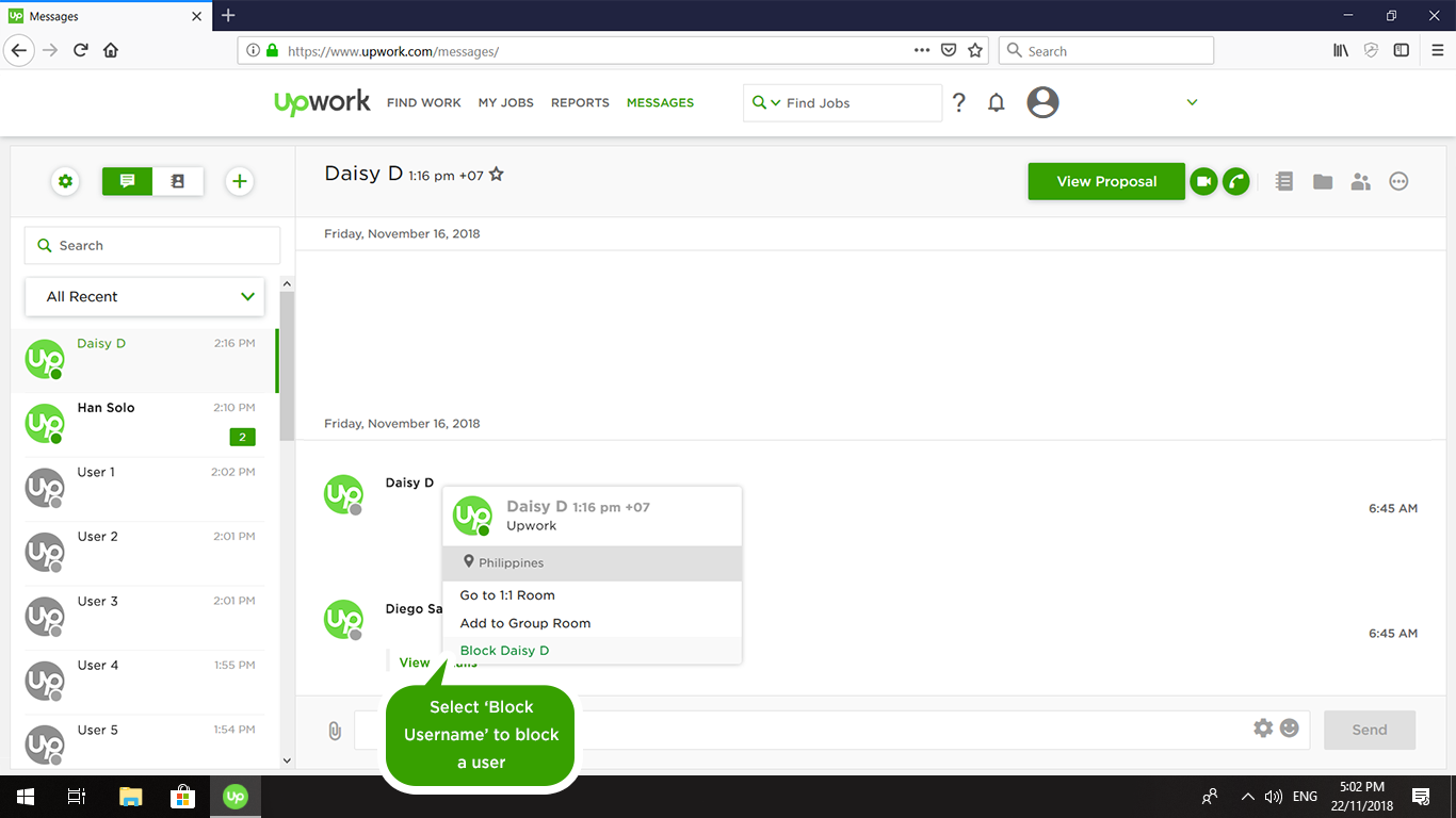 Block a user on Upwork Messages