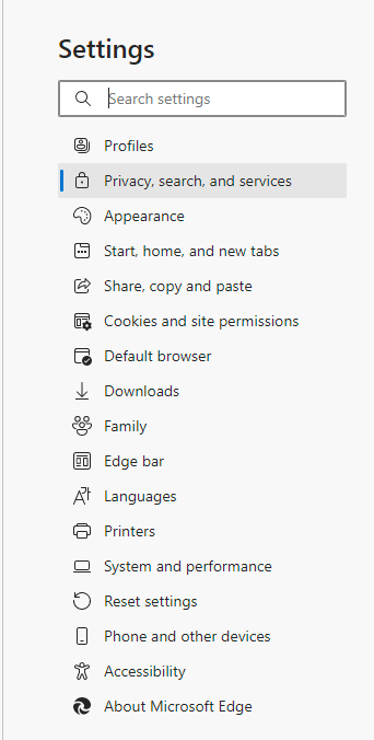 Edge Settings and Privacy option
