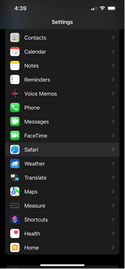 Safari iOS Settings menu