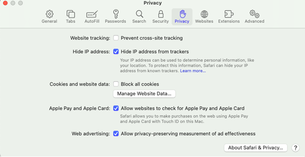 Safari privacy tab