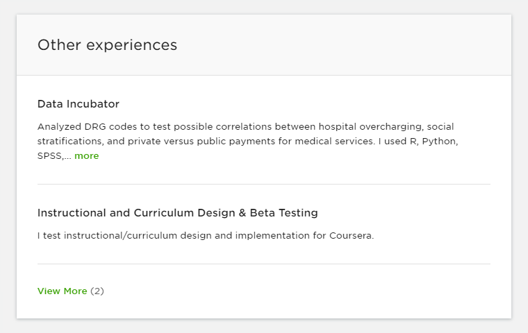 Sample of other experiences in an Upwork profile